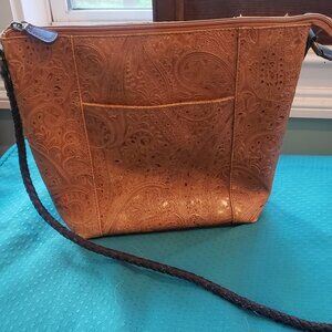 Tan, Paisley Embossed Faux Leather Relic Crossbody Purse